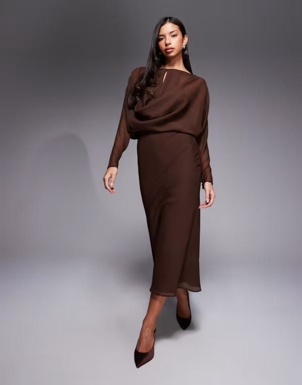 エイソス レディース トップス ワンピース アシンメトリー ミディ ASOS DESIGN slouchy hip bias cut asymmetric midi dress in chocolate チョコレート