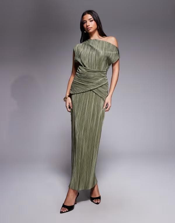 エイソス レディース トップス ワンピース ミディ ASOS DESIGN plisse twist waist one shoulder midi dress in soft Khaki カーキ