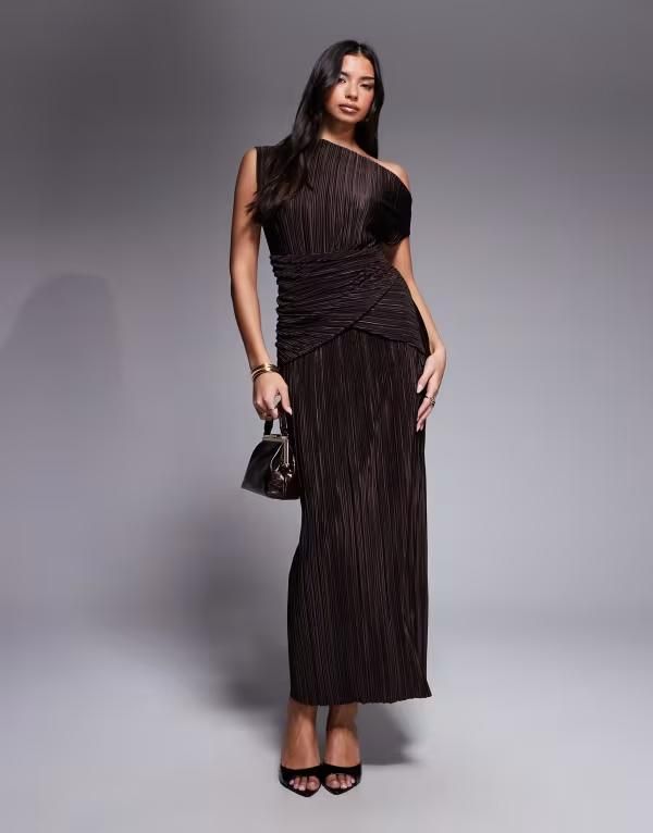 エイソス レディース トップス ワンピース ミディ ASOS DESIGN pliss twisted waist one shoulder midi dress in chocolate チョコレート