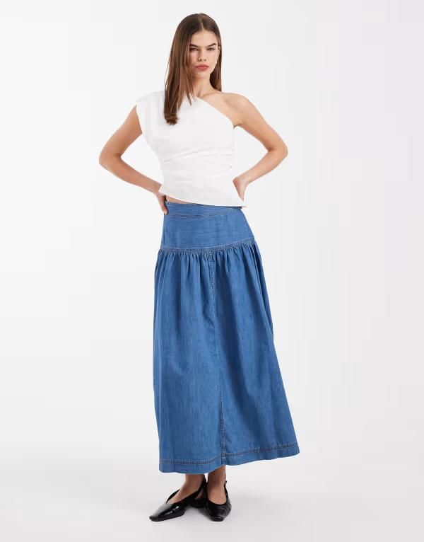 オンリー レディース ボトムスカート デニム マキシ ONLY dropped waist denimaxi skirt in mid BLUE ブルー