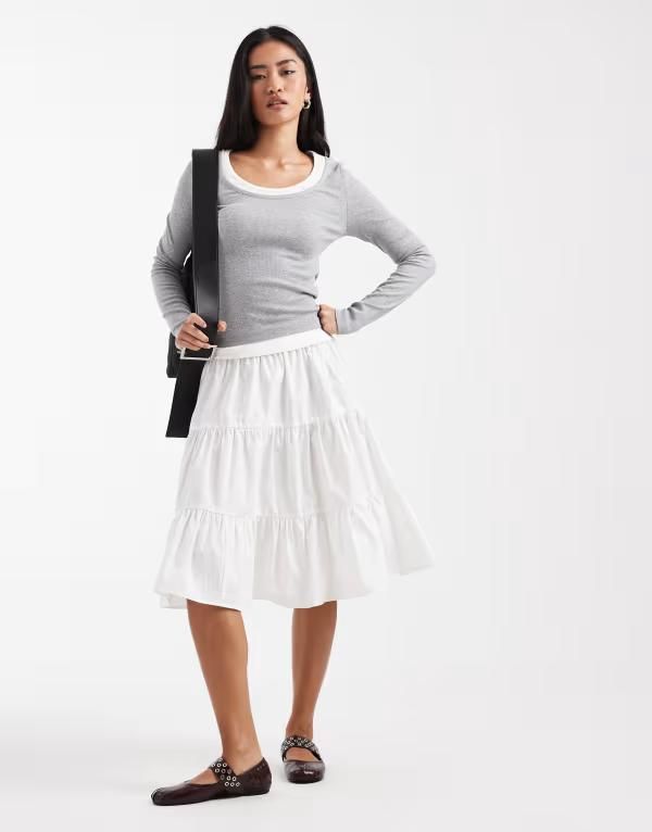 エイソス レディース ボトムスカート ティアード ミディ ASOS DESIGN tiered volume 90s midi skirt Ivory アイボリー