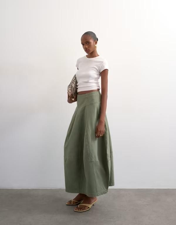 トップショップ レディース ボトムスカート デニム マキシ Topshop denim seamed barrel maxi skirt Khaki カーキ