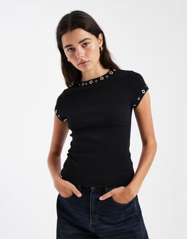 エイソス レディース トップス Tシャツ ASOS DESIGN short sleeve with studetail top Black ブラック
