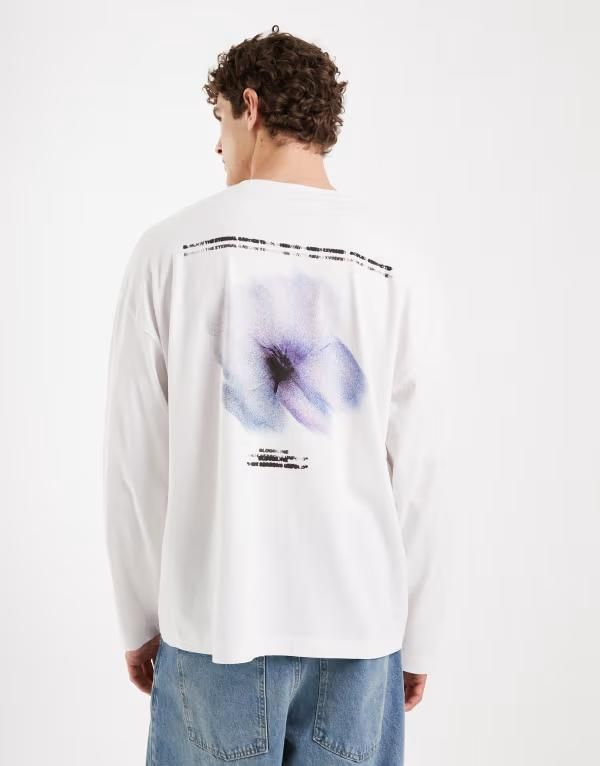 エイソス メンズ トップス Tシャツ グラフィック ASOS DESIGN long sleeve oversized tshirt with blurred flower graphic WHITE ホワイト