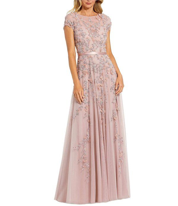マックダガル レディース トップス ワンピース A ライン フラワー柄 プチ メッシュ キャップ フラワー Mac Duggal Petite Illusion Round Neck Cap Sleeve Floral Embellished Mesh Ali