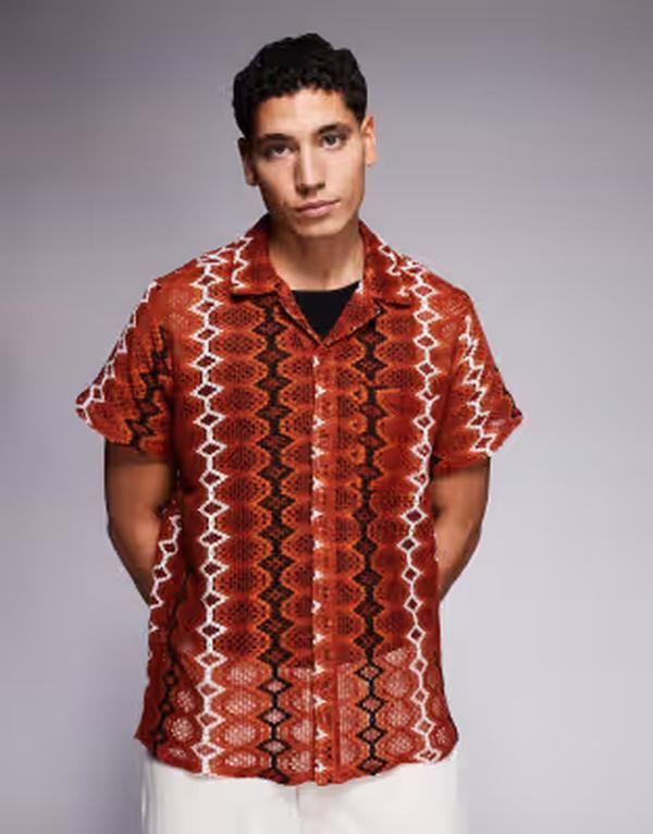 サウスビーチ メンズ トップス シャツ South Beach crochet shirt stripes Burgundy バーガンディ