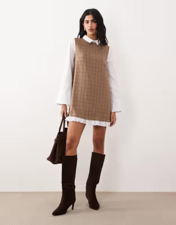 エイソス レディース トップス ワンピース プリント ミニ シャツ コントラスト ASOS DESIGN mini shirt dress in plaid print with contrast frill hem BROWN ブラウン