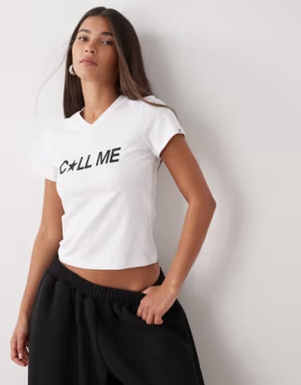コルージョン レディース トップス Tシャツ COLLUSION short sleeve call me slogan baby tee WHITE ホワイト