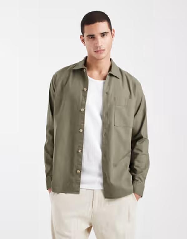 ジャック アンド ジョーンズ メンズ トップス シャツ リネン Jack Jones linen blend overshirt Dusty olive オリーブ