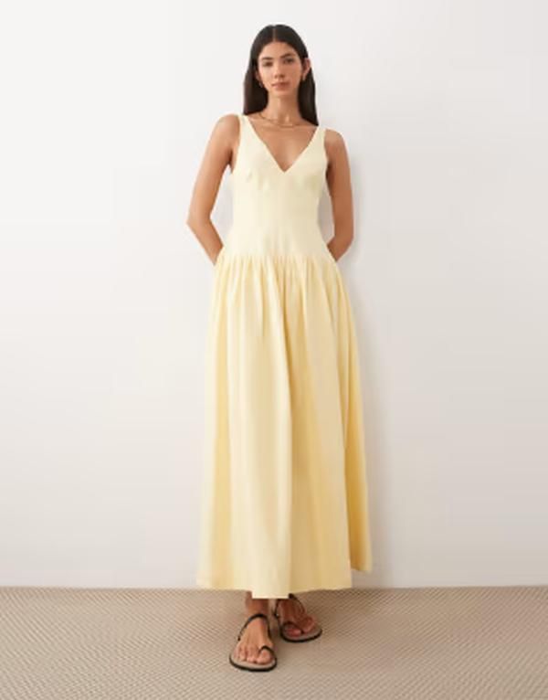 エイソス レディース トップス ワンピース Vネック ASOS DESIGN deep vneck dropped waist midaxi dress in lemon Light yellow イエロー