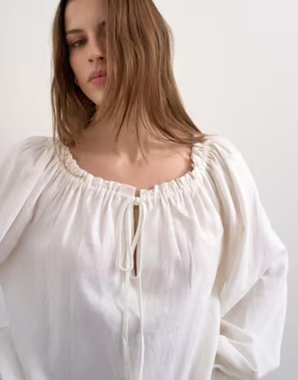 トップショップ レディース トップス タンクトップ ブラウス リネン Topshop trapeze linen blend tie front blouse White ホワイト