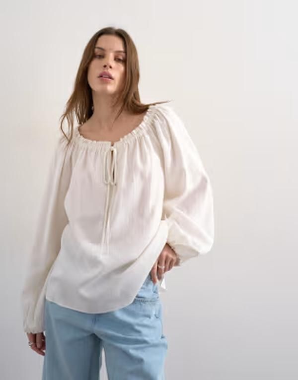 トップショップ レディース トップス タンクトップ ブラウス リネン Topshop trapeze linen blend tie front blouse White ホワイト