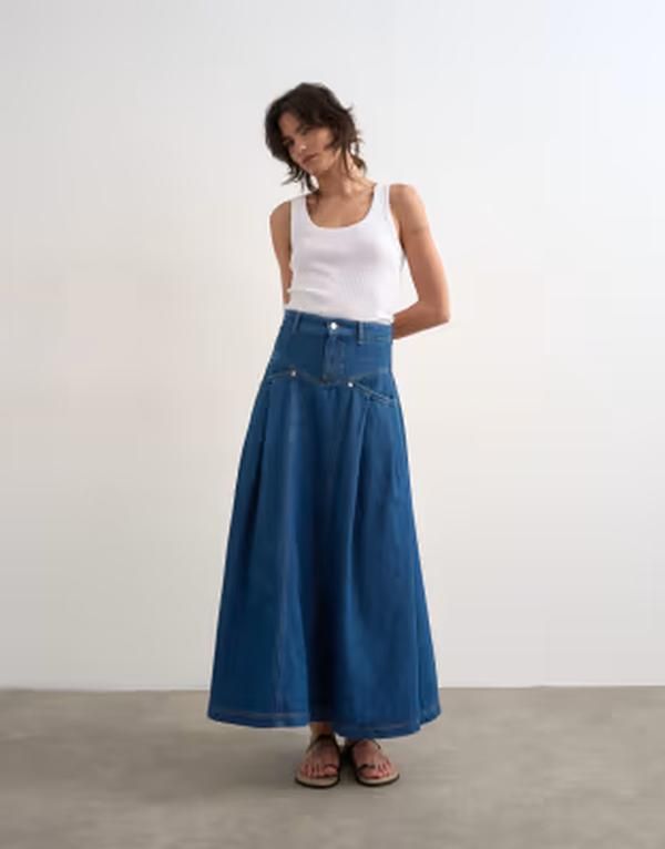 トップショップ レディース ボトムスカート プリーツ デニム マキシ Topshop denim yoke pleated maxi skirt in rich blue ブルー