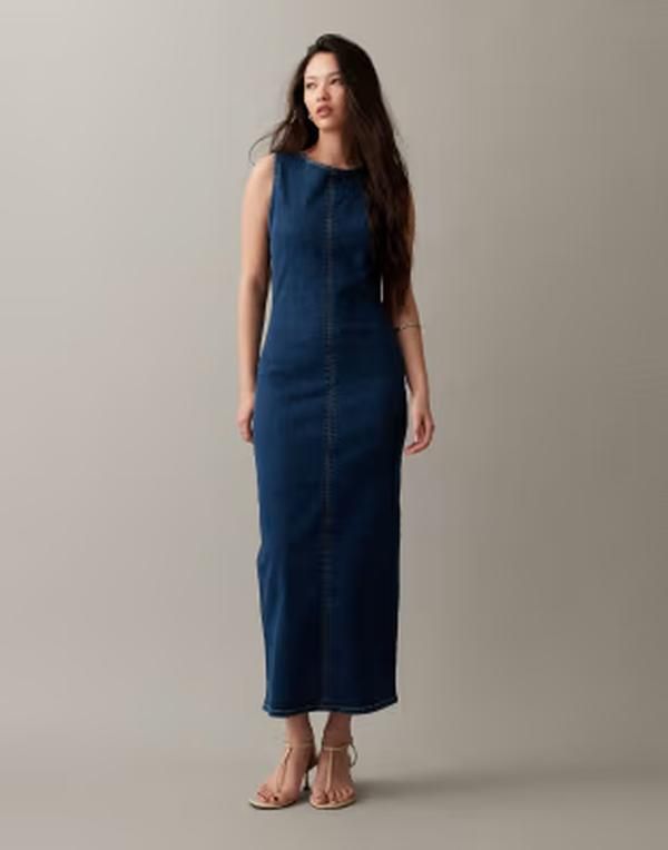 エイソス レディース トップス ワンピース ミディ デニム ASOS DESIGN denim bodycon slash neck midi dress in mid BLUE ブルー