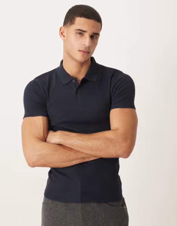 エイソス メンズ トップス ポロシャツ リブニット ASOS DESIGN Essentials muscle fit polo shirt rib knit Sky captain ネイビー