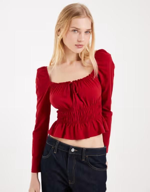 ミスセルフフリッジ レディース トップス シャツ Misselfridge long sleeve milkmaid top in cherry 9,865円