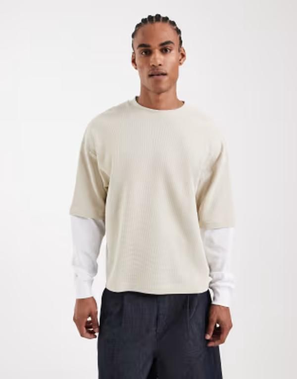 エイソス メンズ トップス Tシャツ ASOS DESIGN oversized long sleeve Tshirt waffle Pelican ベージュ