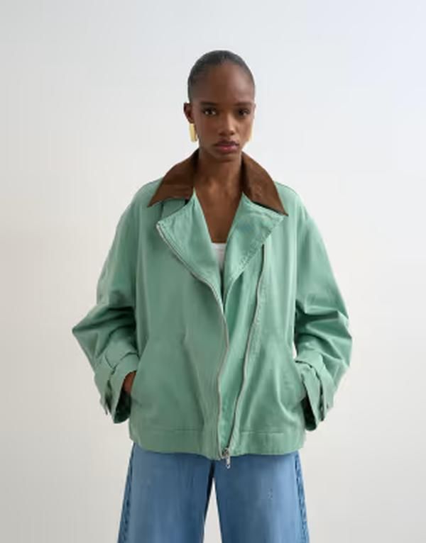 トップショップ レディース アウター ジャケット・ブルゾン コーデュロイ コントラスト Topshop washed zip front jacket with contrast corduroy collar in turquoise ターコイズ