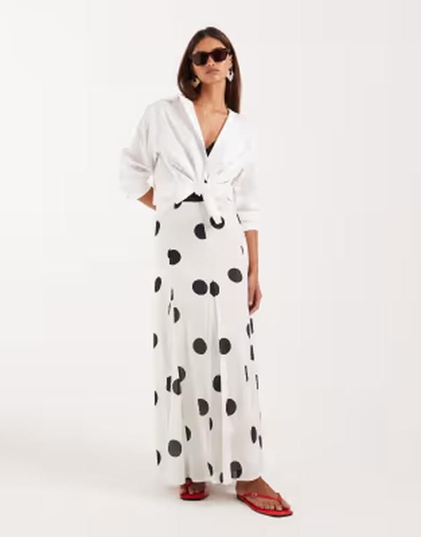 エイソス レディース ボトムスカート ドット プリント コットン マキシ ASOS DESIGN cotton look godet maxi skirt in polkadot print Spot