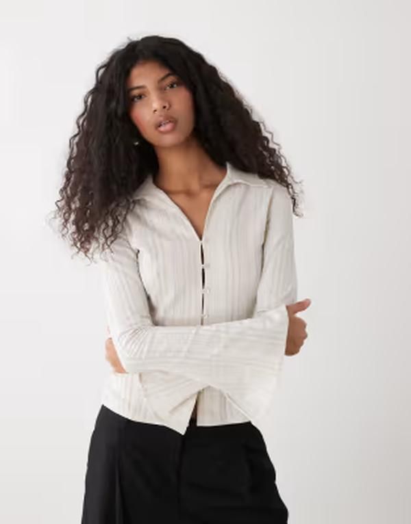 ウィークデイ レディース トップス シャツ Weekday button up long sleeve shirt stripes Beige stripe ベージュ