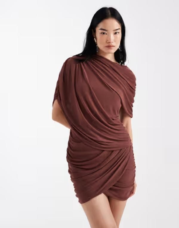 エイソス レディース トップス ワンピース ケープデザイン ドレープ ミニ メッシュ キャップ ケープ ASOS DESIGN mesh draped cape detail mini dress in chestnut Chesnut