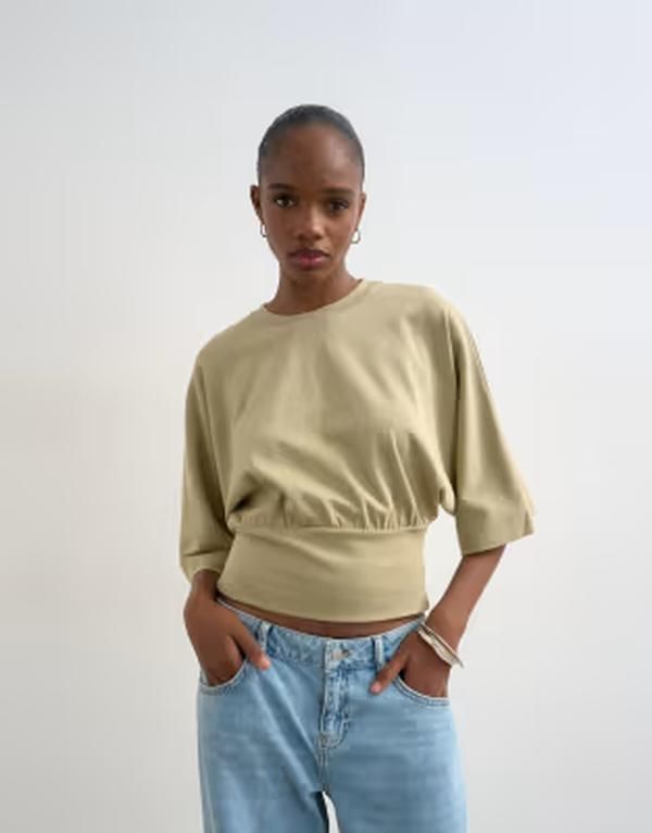トップショップ レディース トップス Tシャツ ギャザー Topshop ruched cinch waist long sleeve top in light khakiVORY アイボリー