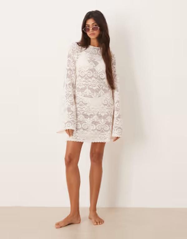 エイソス レディース トップス ワンピース ミニ レース ASOS DESIGN Minette beach crochet lace mini dress in cream クリーム