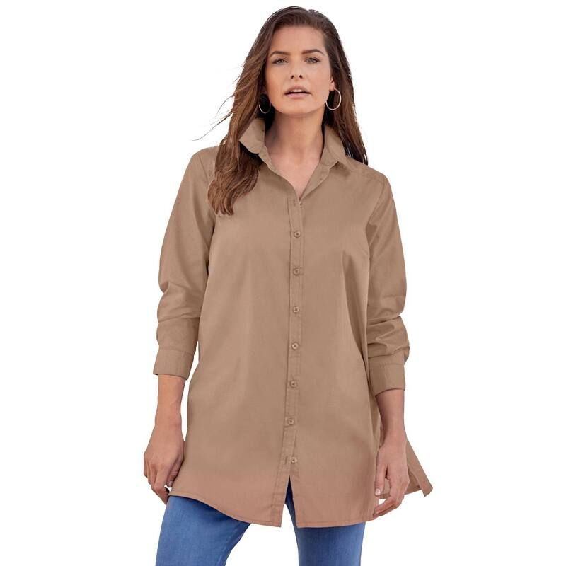 ロアマンズ レディース トップス Tシャツ プラスサイズ コットン 長袖 Roamans Womens Plusize Kate LongSleeve Crisp CottonBlend ButtonFrontunic Brown Sugar ブラウン