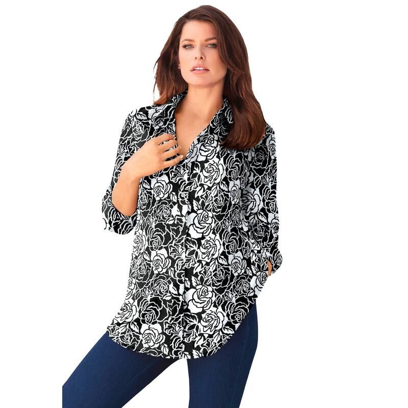 ロアマンズ レディース トップス シャツ プラスサイズ コットン Roamans Womens Plusize Kate Long Sleeveasy CottonBlend ButtonFront Shirt Black White Rose ホワイト