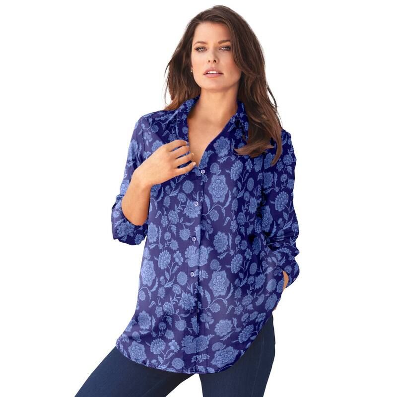 ロアマンズ レディース トップス シャツ プラスサイズ コットン Roamans Womens Plusize Kate Long Sleeveasy CottonBlend ButtonFront Shirt Navy Stamped Floral ネイビー