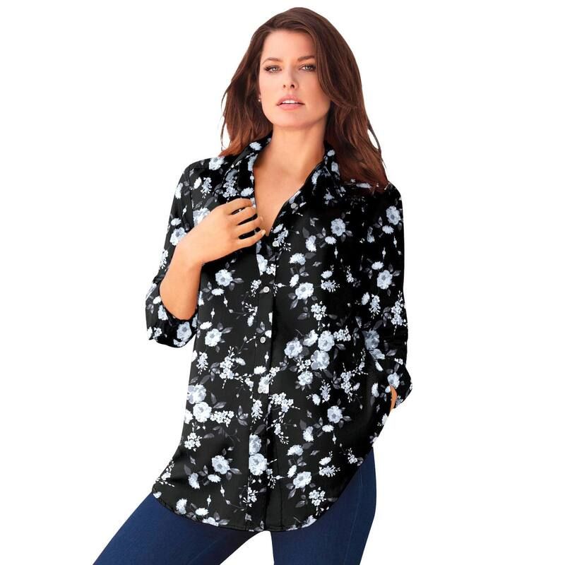ロアマンズ レディース トップス シャツ プラスサイズ コットン Roamans Womens Plusize Kate Long Sleeveasy CottonBlend ButtonFront Shirt Black Rose Floral ブラック