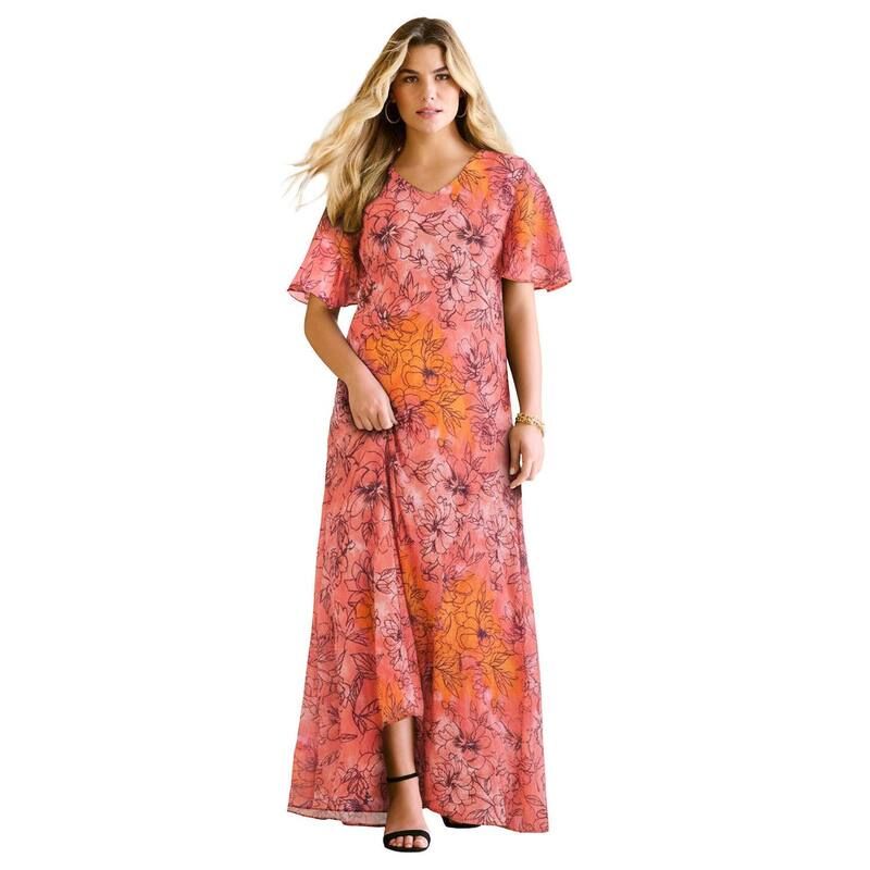 ロアマンズ レディース トップス ワンピース プラスサイズ Roamans Womens Plusize Flutter Sleeve Crinkle Dress Coral Tie Dye Floral コーラル