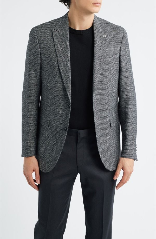 オールセインツ メンズ アウター ジャケット・ブルゾン スリムフィット ウール コート リネン AllSaints Rawdon Slim Fit Black Mlange Wool Linen Peak Lapel Sport Coat Black Whit