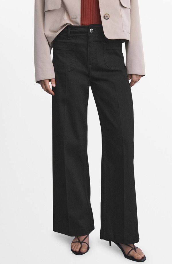 マンゴ レディース ボトムス デニムパンツ ワイドレッグ ジーンズ MANGO Jessie Patch Pocket Wide Leg Jeans Black Denim ブラック