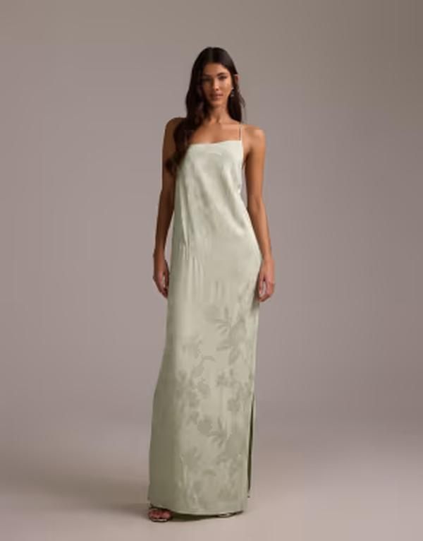 エイソス レディース トップス ワンピース アシンメトリー ドレープ マキシ ASOS DESIGN bridesmaids asymmetric drape jacquard cami maxi dress in sage GREEN JACQUARD グリ