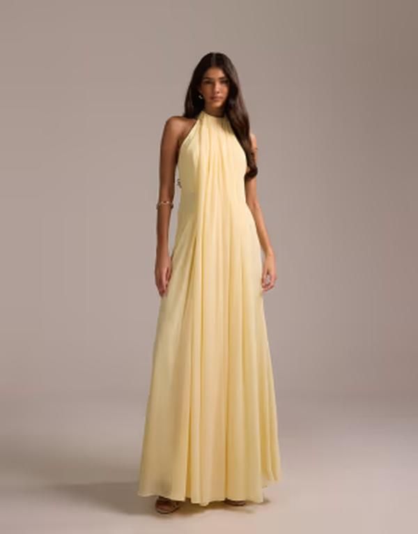 エイソス レディース トップス ワンピース ドレープ マキシ ホルター ASOS DESIGN Bridesmaids grecian draped halter maxi dress in yellow イエロー