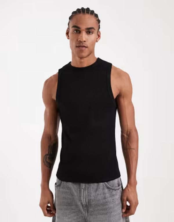 エイソス メンズ トップス ベスト リブニット ASOS DESIGN super heavyweight muscle fitank top rib knit Black ブラック