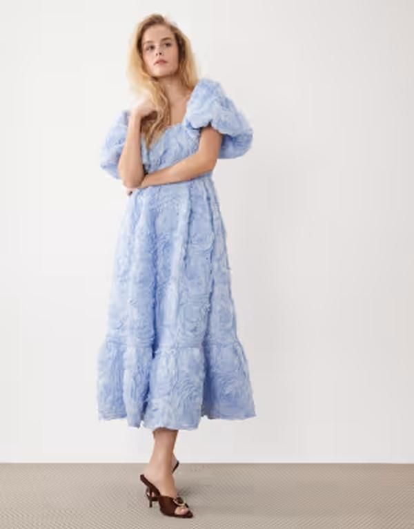 シスタージュン レディース トップス ワンピース チュール フラワー柄 フラワー Dream Sister Jane floral tulle puff sleeve midaxi dress BLUE ブルー