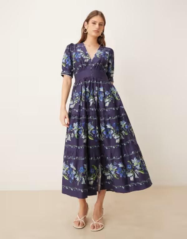 ホープ＆アイビー レディース トップス ワンピース Vネック フラワー柄 ミディ コットン フラワー Hope Ivy cotton button front v neck midi dress floral NAVY ネイビー