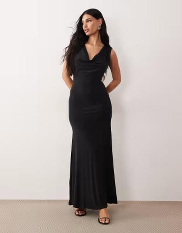 エイソス レディース トップス ワンピース マキシ ASOS DESIGN slinky cowl neck maxi dress Black ブラック