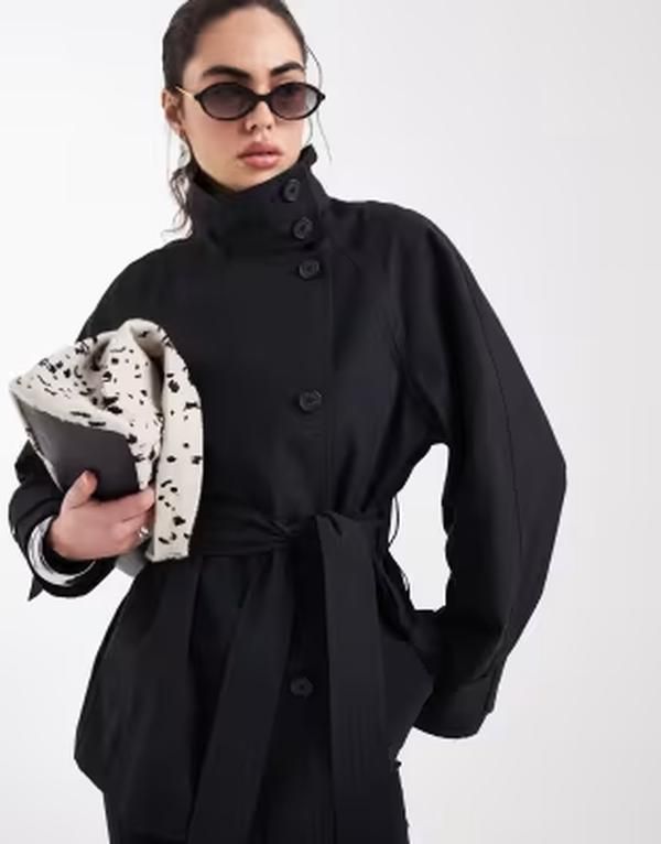 エイソス レディース アウター コート スタンドネック ASOS DESIGN funnel neck tie beltrench coat Black ブラック