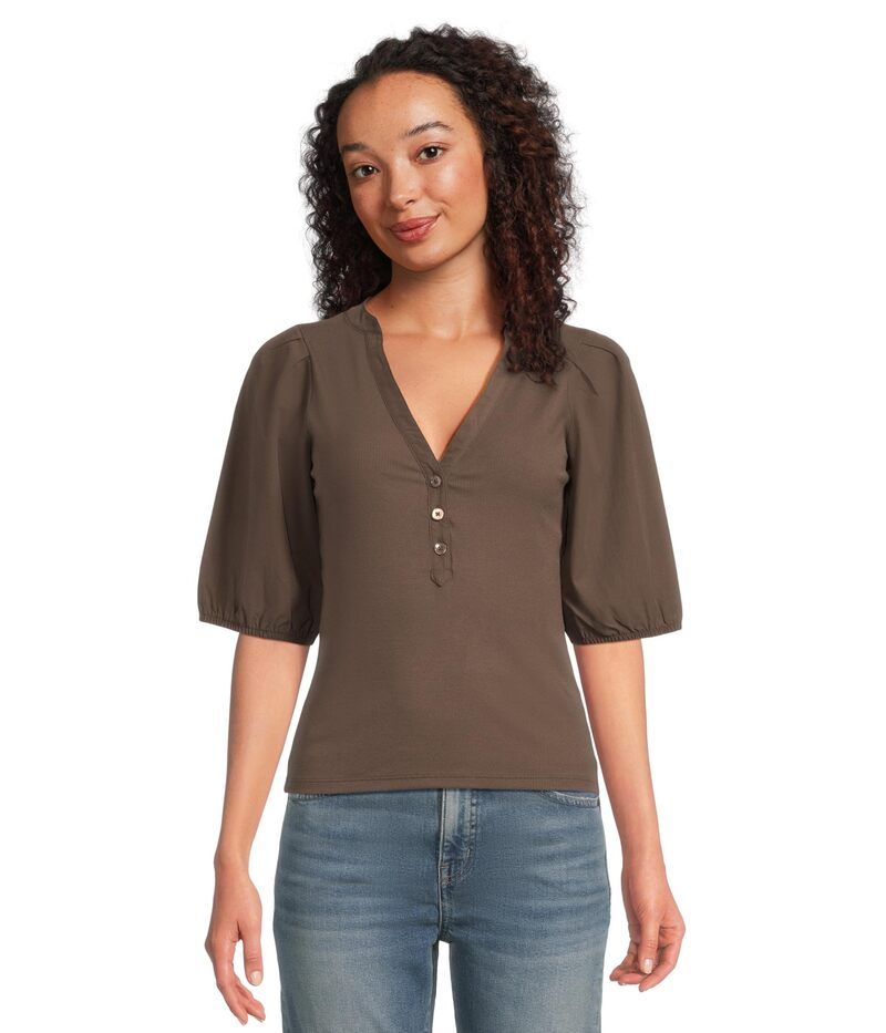 メイドウェル レディース トップス シャツ Vネック Tシャツ Madewell Mixy V Neck Puff Tee Roasted Chicory