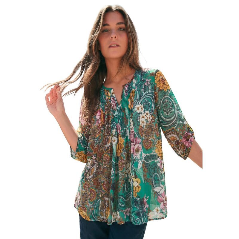 ロアマンズ レディース トップス シャツ プラスサイズ プリーツ Roamans Womens Plusize Tara Pleated Shirt Adjustable 34 Sleeve Swing Tunic With Notch Collar Emer