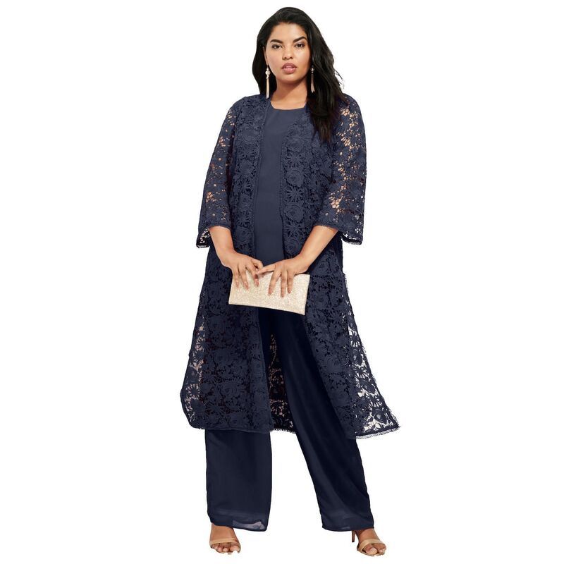 ロアマンズ レディース トップス ワンピース プラスサイズ レース Roamans Womens Plusize 3Piece Allover Lace Duster Pant Set Formal Wear Navy ネイビー