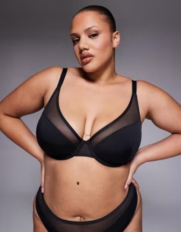 エイソス レディース アンダーウェア ブラジャー メッシュ ASOS Curve ASOS DESIGN Curvella molded microfiber demi pad underwire bra with mesh detail Black ブラック