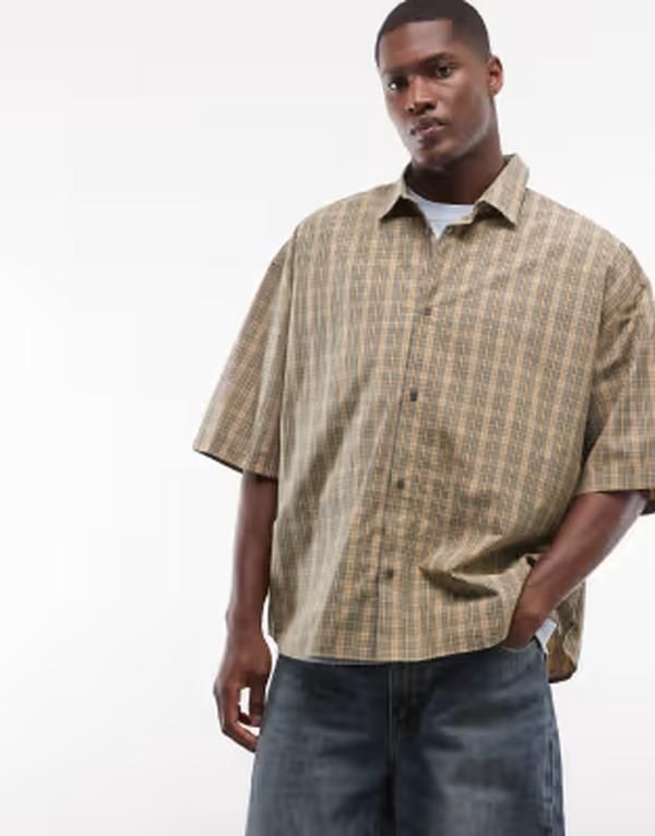 ウィークデイ メンズ トップス シャツ Weekday boxy shirt sleeve shirt with pockets plaid Brown check ブラウン