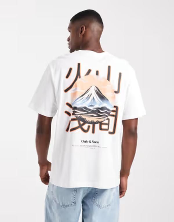 オンリーアンドサンズ メンズ トップス Tシャツ リラックスフィット プリント ONLY SONS relaxed fitshirt with mountain view back print BRIGHT WHITE ホワイト
