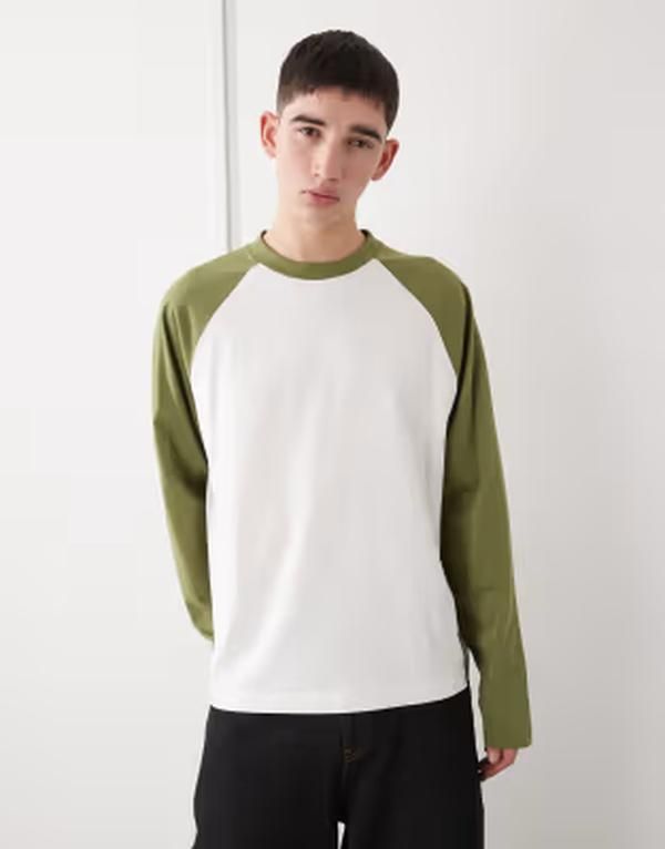 コルージョン メンズ トップス Tシャツ COLLUSION Circular Design Collection heavyweight raglan tshirt CREAM OLIVE クリーム