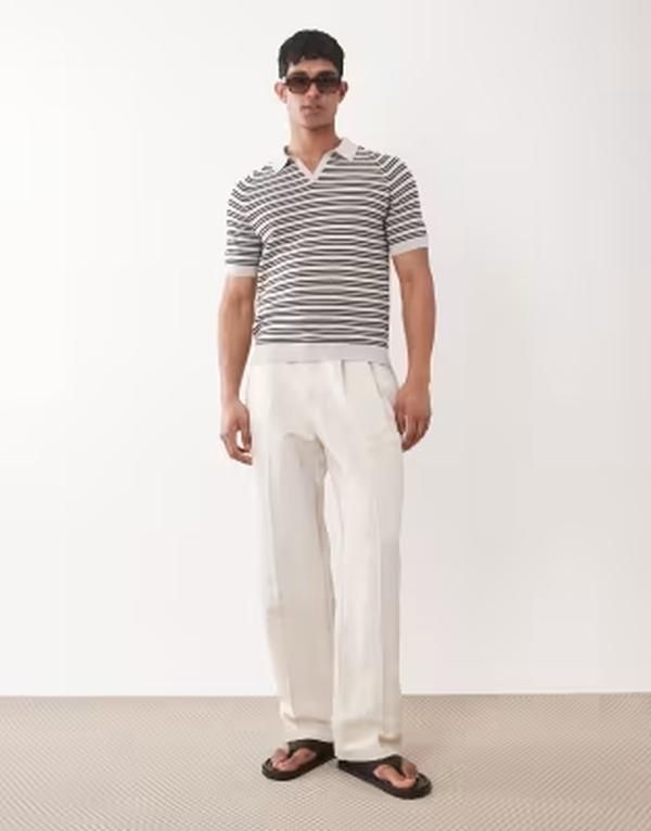 エイソス メンズ ボトムス カジュアルパンツ ワイドレッグ プリーツ リネン ASOS DESIGN pleated linen rich wide leg dress pants inatural ecru エクリュ