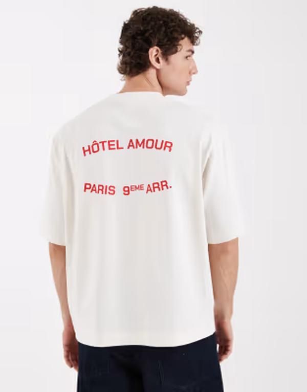 セレクティッド メンズ トップス Tシャツ プリント Selected X Hotel Amour oversized tshirt with front print in cream Egret クリーム
